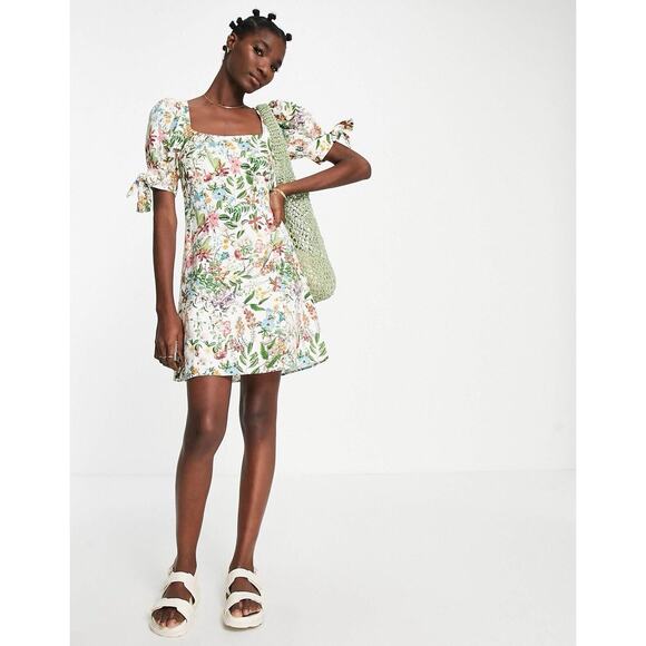 Dainty Floral Mini Dress linen floral Botanical Print Puff Sleeve 4 XS - Picture 2 of 16